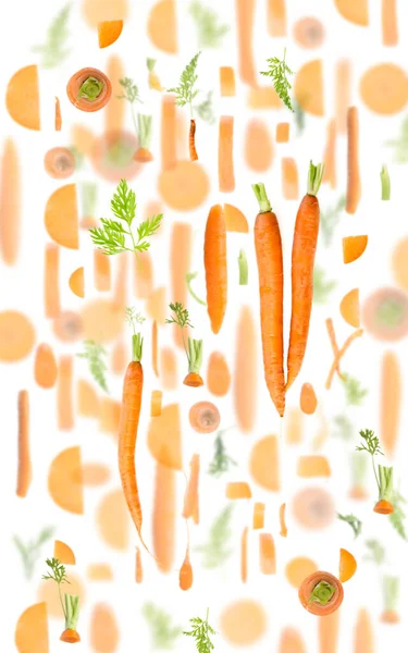 Abstract Background Made Carrot Fruit Pieces Slices Leaves Isolated White — Stock Photo, Image