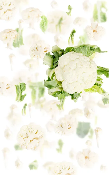 カリフラワーの野菜片 スライス 葉を白で隔てた抽象的な背景 — ストック写真
