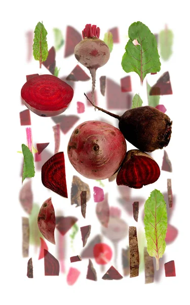 Abstract Background Made Red Beet Vegetable Pieces Slices Leaves Isolated — Stock Photo, Image