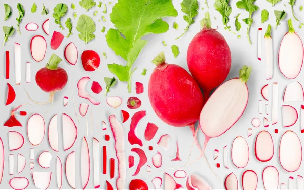 Abstract Background Made Radish Vegetable Pieces Slices Leaves Isolated Gray — Stock Photo, Image