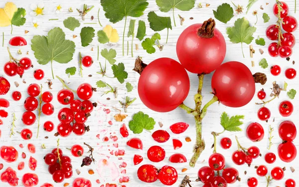Abstraktní Pozadí Červeného Rybízu Kousky Ovoce Plátky Listy Dřevěném Pozadí — Stock fotografie