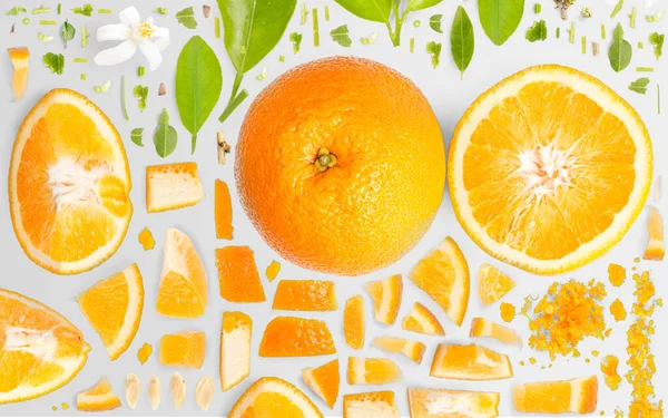 Apelsincitrusfrukt Skivor Och Bladsamling Platt Låg Sömlös Abstrakt Trä Bakgrund — Stockfoto