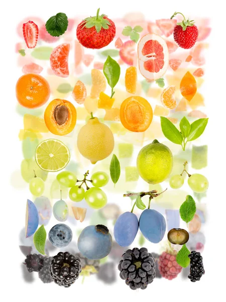 果物の部分とスライスグループで作られた抽象 オレンジから赤に行く色 水平成分 白色の背景 — ストック写真