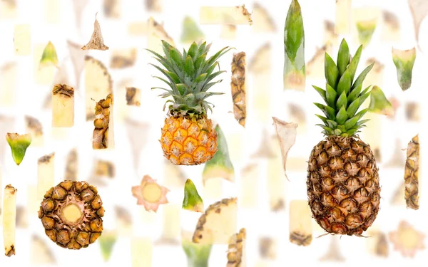 Abstracte Achtergrond Gemaakt Van Stukjes Ananas Fruit Plakjes Blaadjes Geïsoleerd — Stockfoto
