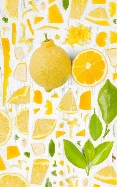 Citronový Kousek Ovoce Sbírka Plátků Listů Plocha Ležela Hladce Abstraktní — Stock fotografie