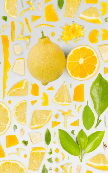 Peça Frutas Limão Fatia Coleção Folhas Flat Lay Abstrato Sem — Fotografia de Stock