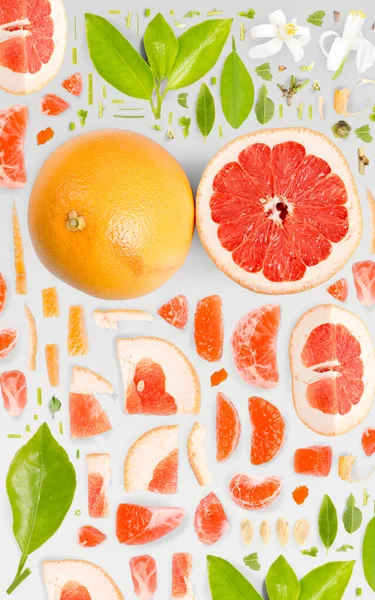 Grapefruitový Kus Ovoce Sbírka Plátků Listů Ploché Ležel Bezproblémové Abstraktní — Stock fotografie