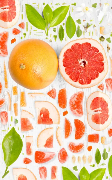 Grapefruitový Kus Ovoce Sbírka Plátků Listů Ploché Ležel Bezproblémové Abstraktní — Stock fotografie