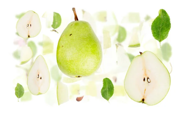 Abstrakt Bakgrund Gjord Gröna Päron Frukt Bitar Skivor Och Blad — Stockfoto