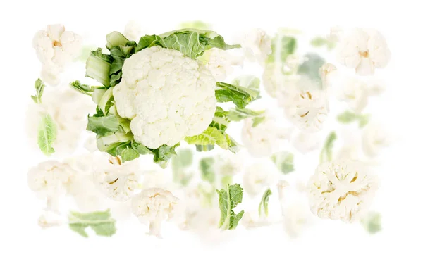 Abstract Background Made Cauliflower Vegetable Pieces Slices Leaves Isolated White — Stock Photo, Image