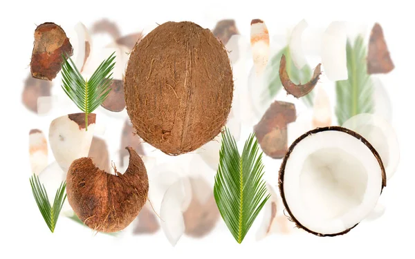 Abstrakcyjne Tło Wykonane Kawałków Owoców Kokosowych Plastrów Liści Wyizolowanych Białym — Zdjęcie stockowe
