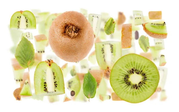 Abstract Background Made Kiwi Fruit Pieces Slices Leaves Isolated White — Stock Photo, Image