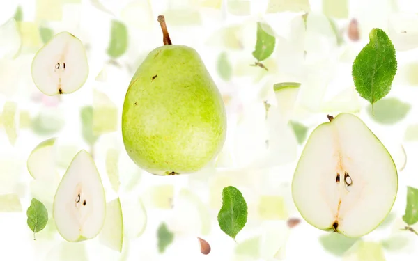 Abstrakt Bakgrund Gjord Gröna Päron Frukt Bitar Skivor Och Blad — Stockfoto