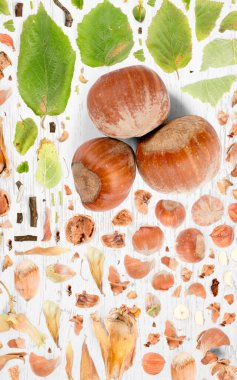 Ahşap zemin üzerinde fındık parçaları, dilimler ve yapraklardan oluşan soyut bir arkaplan.