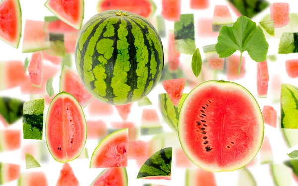 Abstract Background Made Watermelon Fruit Pieces Slices Leaves Isolated White — Stock Photo, Image