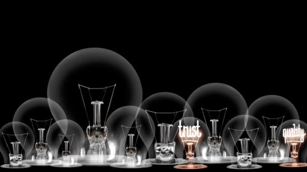 Лампочки Переходят Темных Светлым Брендом Логотипом Качеством Рекламой Маркетинга Волокна — стоковое видео