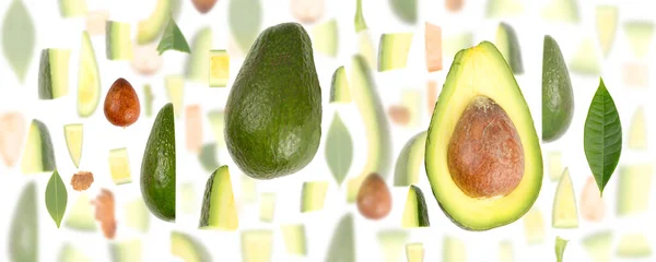 Abstract Background Made Avocado Fruit Pieces Slices Leaves Isolated White — Stock Photo, Image