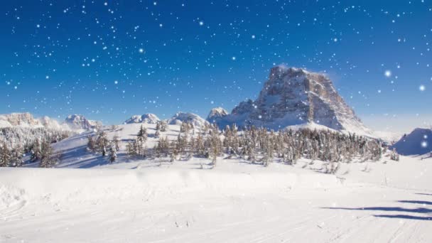 雪は輝く太陽とスプルースの木で山々を覆いました 降雪効果について 冬と季節のコンセプト 高品質の4Kビデオ — ストック動画