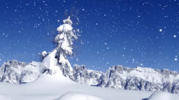 白雪覆盖着地面和云杉树 蓝天覆盖着 后山覆盖着 降雪的效果 冬季和季节性概念 优质4K视频 — 图库视频影像