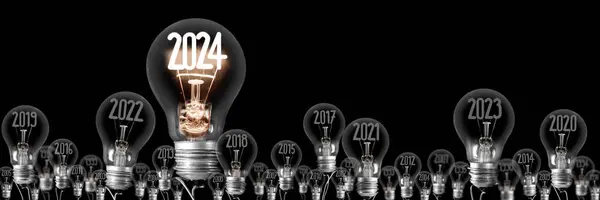 Grupo Horizontal Lâmpadas Brilhantes Com Fibra Forma Ano Novo 2024 Fotografia De Stock