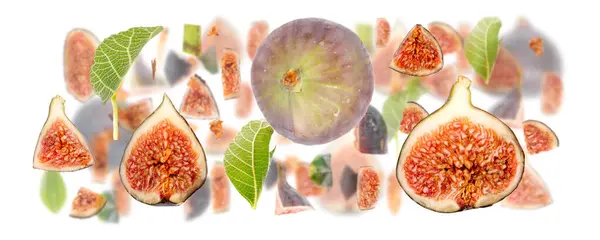 Abstracte Achtergrond Gemaakt Van Fig Fruit Stukken Plakken Bladeren Geïsoleerd Stockfoto