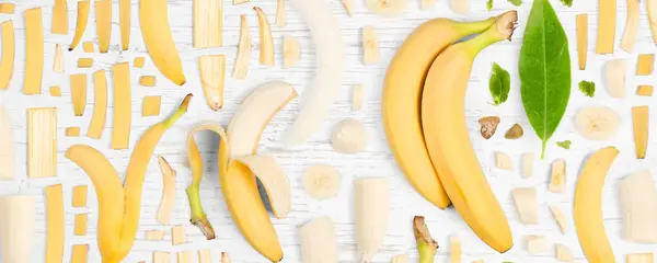 Collezione Frutti Banana Fette Foglie Posa Piatta Astratta Senza Cuciture Foto Stock Royalty Free