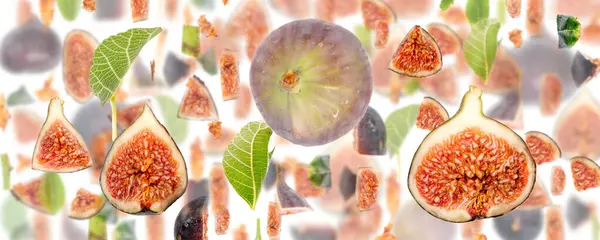 Abstracte Achtergrond Gemaakt Van Fig Fruit Stukken Plakken Bladeren Geïsoleerd Stockafbeelding