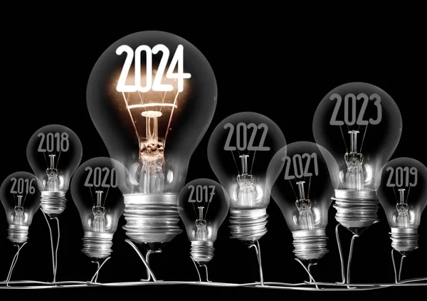 Grupo Horizontal Lâmpada Brilhante Com Fibra Forma Ano Novo 2024 Imagens Royalty-Free