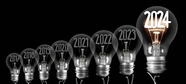 Grupo Horizontal Lâmpada Brilhante Com Fibra Forma Ano Novo 2024 Imagem De Stock