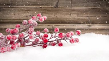 Karla kaplı yüzeyde kırmızı bir dalla hala hayat var. Arka planda ahşap masa. Düşen kar etkisi. Noel, tatil ve kış konsepti. Yüksek kalite 4k video.