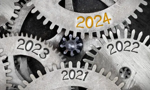 Fénykép Fogkerék Mechanizmus Számok 2024 2023 2022 Nyomtatott Fém Felületen — Stock Fotó