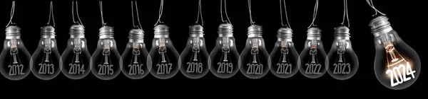 Горизонтальна Група Блискучих Лампочок Волокном Формі Нового 2024 Року Затемнені Стокове Зображення