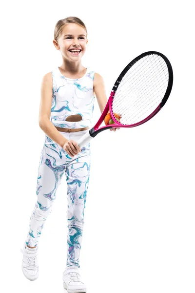 Giovane Tennista Bambina Posa Con Racchetta Palla Isolata Sfondo Bianco — Foto Stock