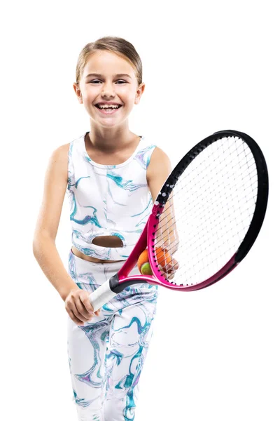 Jonge Tennisser Klein Meisje Poseren Met Racket Bal Geïsoleerd Witte — Stockfoto