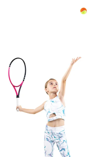 Joven Jugadora Tenis Niña Posando Con Raqueta Bola Aislada Sobre —  Fotos de Stock