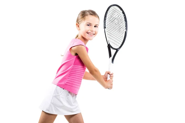 Jonge Tennisser Roze Outfit Klein Meisje Poseren Met Racket Bal — Stockfoto