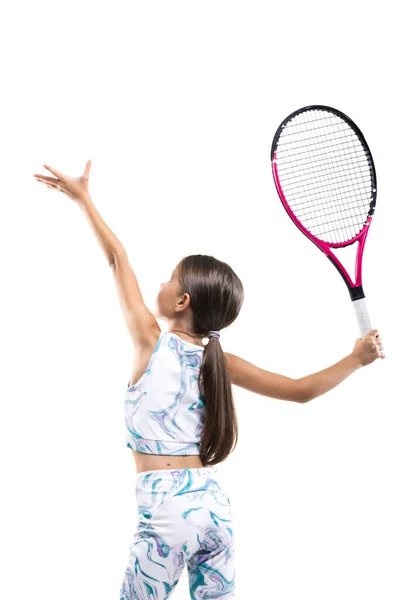 Fiatal Női Teniszező Kislány Pózol Ütő Labda Elszigetelt Fehér Háttér — Stock Fotó