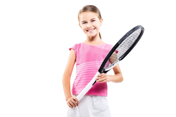 Mladá Tenistka Růžovém Malá Dívka Pózuje Raketou Míč Izolované Bílém — Stock fotografie