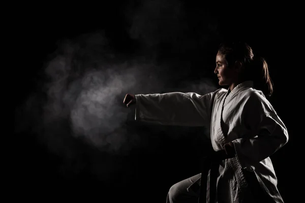 Young Girl Exercising Karate Child Kimono Smoke Background — Stock Photo, Image