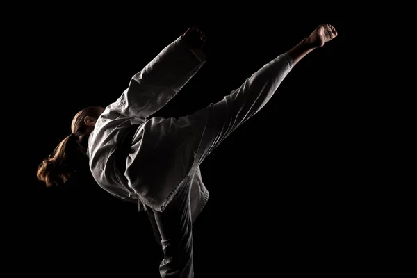 Chica Joven Haciendo Karate Niño Kimono Sobre Fondo Negro — Foto de Stock