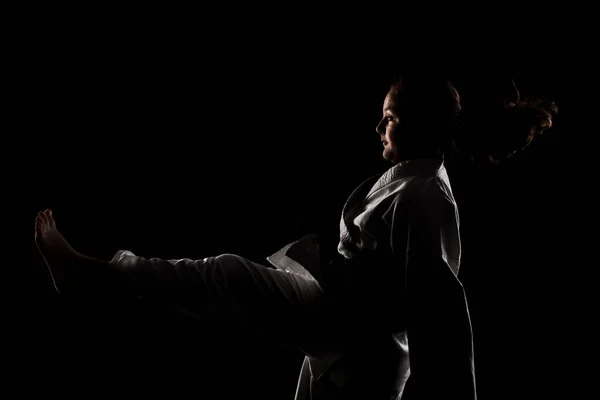 Junges Mädchen Beim Karate Kind Kimono Vor Schwarzem Hintergrund — Stockfoto