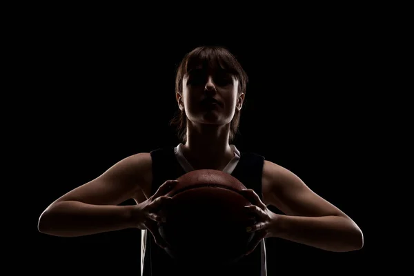 Female Basketball Player Beautiful Girl Holding Ball Side Lit Half — Stock Photo, Image