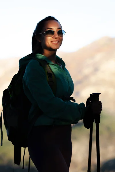 Backpacker Hiker Girl Hiking Poles Walking Tree Shadows Mountains — Stock Photo, Image