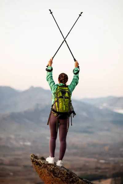Hiker Girl Resting Rock Pedestal Long Day Trekking Woman Holding — Stock Photo, Image