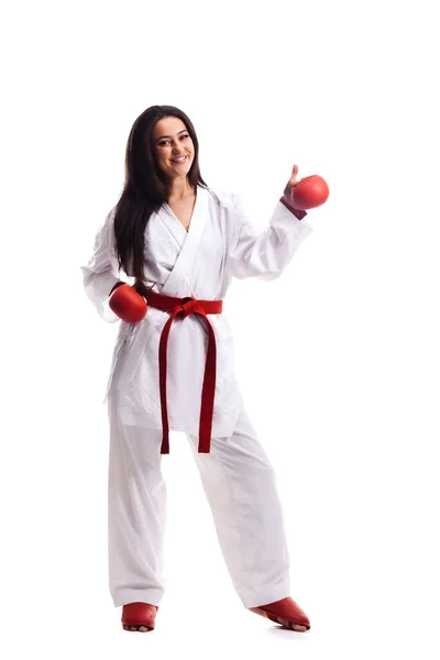 Karate Meisje Dragen Kimono Rode Handschoenen Maken Duimen Tot Gebaar — Stockfoto