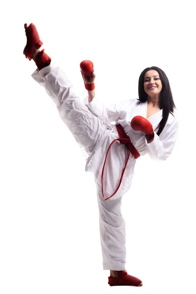 Meisje Oefenen Karate Been Kick Dragen Kimono Rode Handschoenen Tegen — Stockfoto