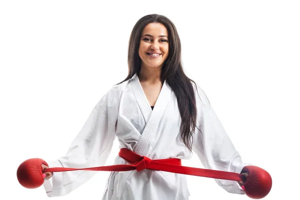 Beyaz Arka Planda Kimono Kırmızı Eldiven Giyen Karateci Kız — Stok fotoğraf