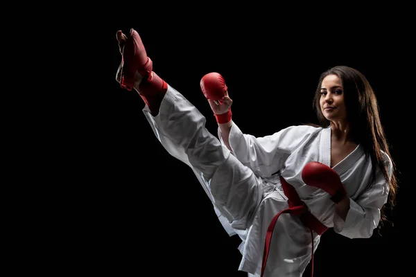 Girl Exercising Karate Leg Kick Wearing Kimono Red Gloves Black — Stock Photo, Image
