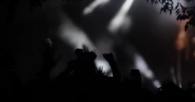 Sahnenin önünde siluet insanlar var. Elleri telefon tutan ve dans eden kalabalığın içinde yanıp sönen ışıklar..