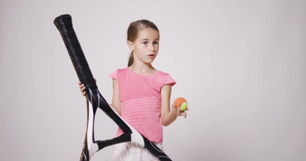 Young Female Tennis Player Big Oversize Racket Girl Posing Pink — Vídeo de stock